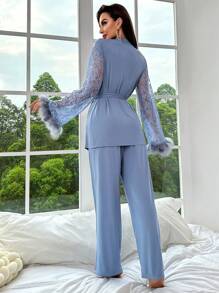 Contrast Lace Fuzzy Cuff Belted PJ Set / Pajama Set, Vacation