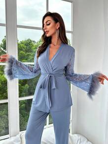 Contrast Lace Fuzzy Cuff Belted PJ Set / Pajama Set, Vacation