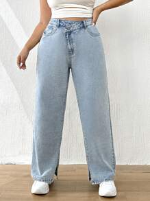 Elaquor 加大开叉下摆直腿男友风牛仔裤 - 淺色水洗藍 - 查看 6