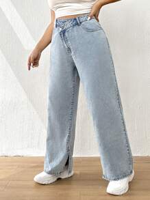 Elaquor 加大开叉下摆直腿男友风牛仔裤 - 淺色水洗藍 - 查看 1