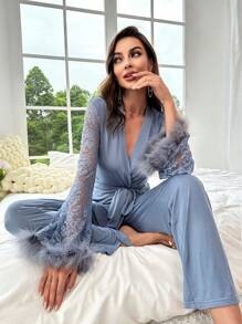 Contrast Lace Fuzzy Cuff Belted PJ Set / Pajama Set, Vacation