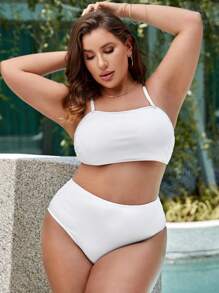SHEIN Swim Curve Bộ bikini trơn cỡ lớn có che phủ bãi biển mùa hè - trắng - Xem 6