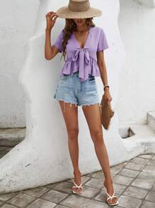 SHEIN VCAY Áo sơ mi nữ viền lá sen Viên lá sen Thắt nơ trước màu trơn Giải trí - Màu Lilac Tím - Xem 3