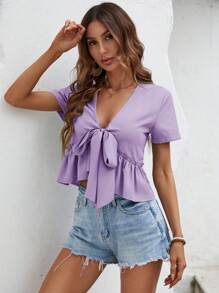 SHEIN VCAY Áo sơ mi nữ viền lá sen Viên lá sen Thắt nơ trước màu trơn Giải trí - Màu Lilac Tím - Xem 5