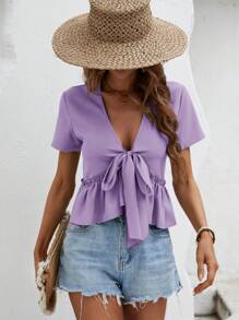 SHEIN VCAY Áo sơ mi nữ viền lá sen Viên lá sen Thắt nơ trước màu trơn Giải trí - Màu Lilac Tím - Xem 6