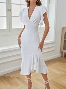 SHEIN Privé Butterfly Sleeve Ruffle Hem Bodycon Dress