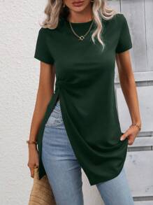 SHEIN LUNE Áo thun nữ Chia xoắn lại màu trơn Giải trí - Màu xanh lá cây đậm - Xem 1