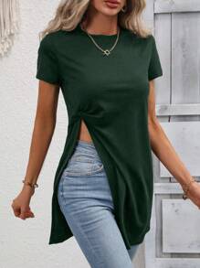 SHEIN LUNE Áo thun nữ Chia xoắn lại màu trơn Giải trí - Màu xanh lá cây đậm - Xem 3