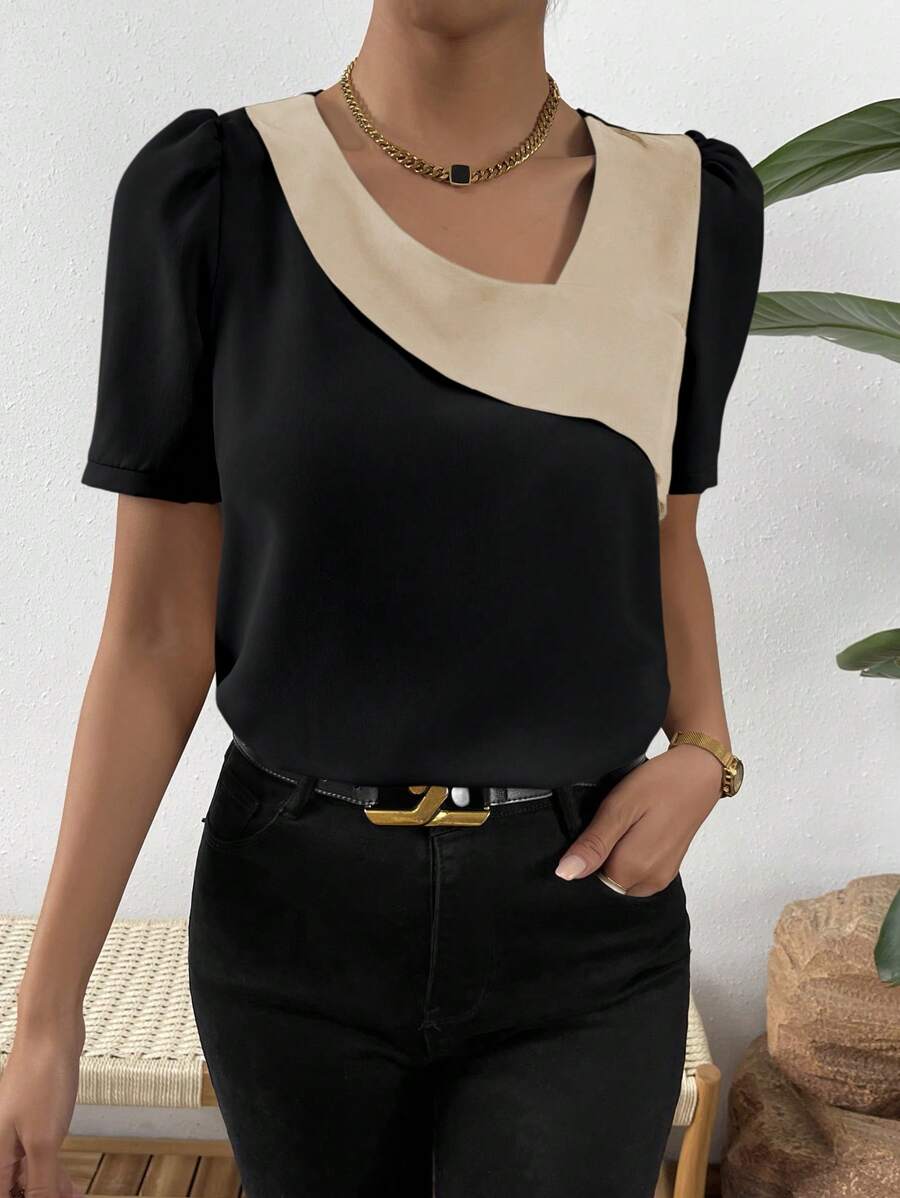 SHEIN Privé Áo sơ mi nữ Khối Màu Giải trí - màu đen - Xem 1