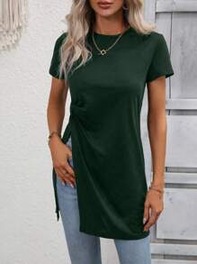 SHEIN LUNE Áo thun nữ Chia xoắn lại màu trơn Giải trí - Màu xanh lá cây đậm - Xem 5