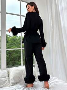 Slumberist 毛边系带睡衣套装/秋冬睡衣，蓬松舒适 - 黑色 - 查看 9