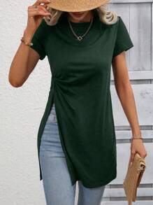 SHEIN LUNE Áo thun nữ Chia xoắn lại màu trơn Giải trí - Màu xanh lá cây đậm - Xem 6