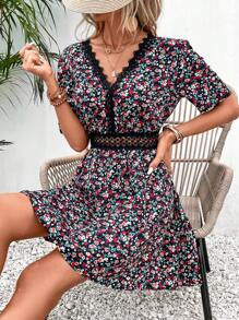 SHEIN Frenchy Ditsy Floral Print Guipure Lace Insert Tie Back Dress - Multicolor - View 1