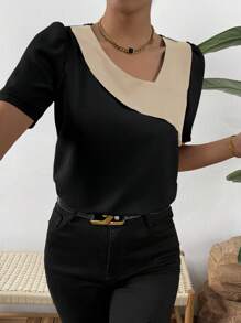 SHEIN Privé Áo sơ mi nữ Khối Màu Giải trí - màu đen - Xem 6
