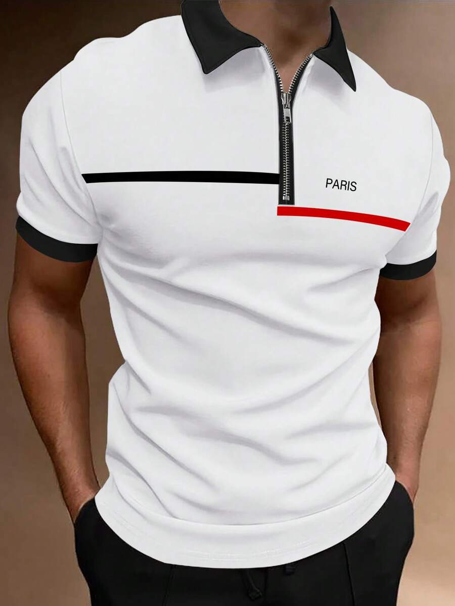 Manfinity Homme Áo thun có cổ Nam Dây kéo Lá thư Giải trí - trắng - Xem 1