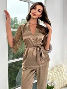 蕾絲拼接腰帶緞面睡衣套裝 - 棕色 - 查看 3