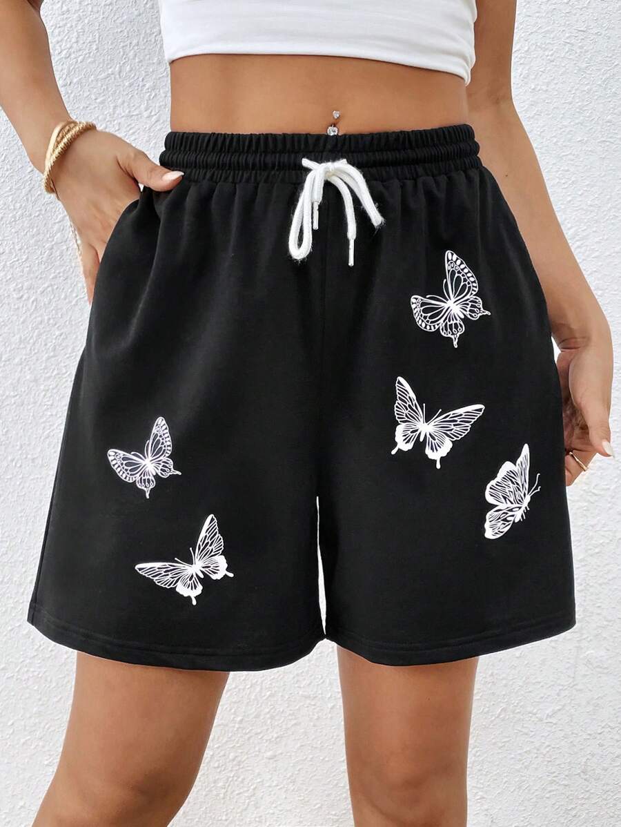 SHEIN Unity Butterfly Print Drawstring Waist Shorts - Black - View 1