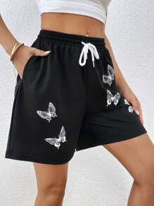 SHEIN Unity Butterfly Print Drawstring Waist Shorts - Black - View 4