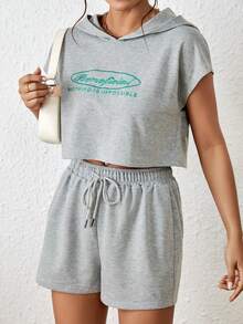 SHEIN Unity Bộ đồ hai mảnh nữ Dây kéo Slogan Giải trí - Xám - Xem 3