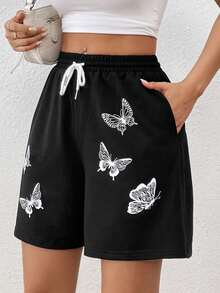 SHEIN Unity Butterfly Print Drawstring Waist Shorts - Black - View 5