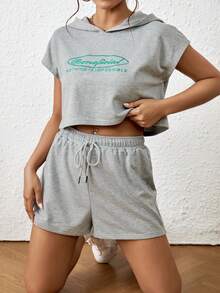 SHEIN Unity Bộ đồ hai mảnh nữ Dây kéo Slogan Giải trí - Xám - Xem 4