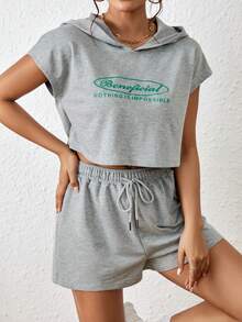 SHEIN Unity Bộ đồ hai mảnh nữ Dây kéo Slogan Giải trí - Xám - Xem 5