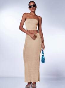 SHEIN BAE Solid Tube Top & Skirt - Khaki - View 1