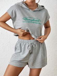 SHEIN Unity Bộ đồ hai mảnh nữ Dây kéo Slogan Giải trí - Xám - Xem 6