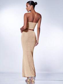 SHEIN BAE Solid Tube Top & Skirt - Khaki - View 2