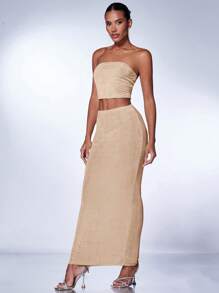 SHEIN BAE Solid Tube Top & Skirt - Khaki - View 3