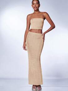 SHEIN BAE Solid Tube Top & Skirt - Khaki - View 6