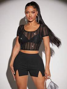 SHEIN SXY Top brillante de malla sin sujetador - Negro - Ver 4