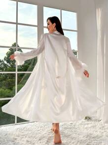 Crystal Vow Contrast Lace Cami Dress & Robe PJ Set / Pajama Set White Set, Fall Clothes Cozy And Elegant Details, Winter - White - View 2