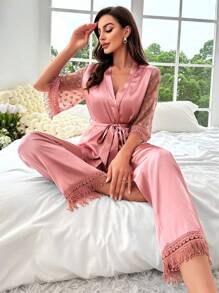 蕾絲拼接腰帶緞面睡衣套裝 - 粉色 - 查看 1