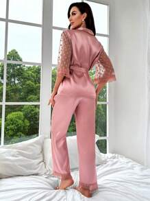 蕾絲拼接腰帶緞面睡衣套裝 - 粉色 - 查看 2