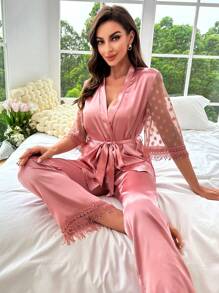 蕾絲拼接腰帶緞面睡衣套裝 - 粉色 - 查看 3