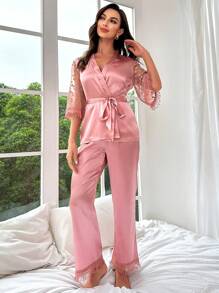 蕾絲拼接腰帶緞面睡衣套裝 - 粉色 - 查看 5