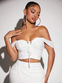 SHEIN SXY Off Shoulder Tie Front Crop Top - White - View 1