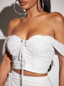 SHEIN SXY Off Shoulder Tie Front Crop Top - White - View 3