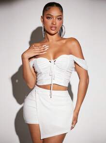 SHEIN SXY Off Shoulder Tie Front Crop Top - White - View 4