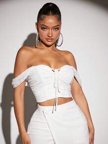 SHEIN SXY Off Shoulder Tie Front Crop Top - White - View 6