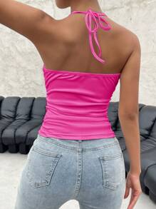 SHEIN Privé Solid Ruched Side Backless Halter Top - Hot Pink - View 2