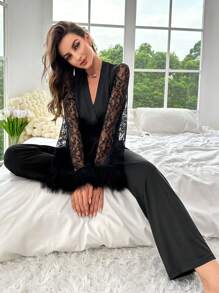 Bộ PJ trang trí ren tương phản / Bộ Pajama - màu đen - Xem 3