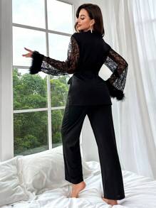 Bộ PJ trang trí ren tương phản / Bộ Pajama - màu đen - Xem 2