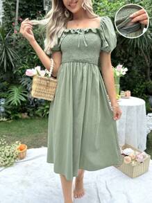 SHEIN Maternity 1pc Square Neck Ruffle Trim Knot Front Nursing Dress - Army Green - View 1