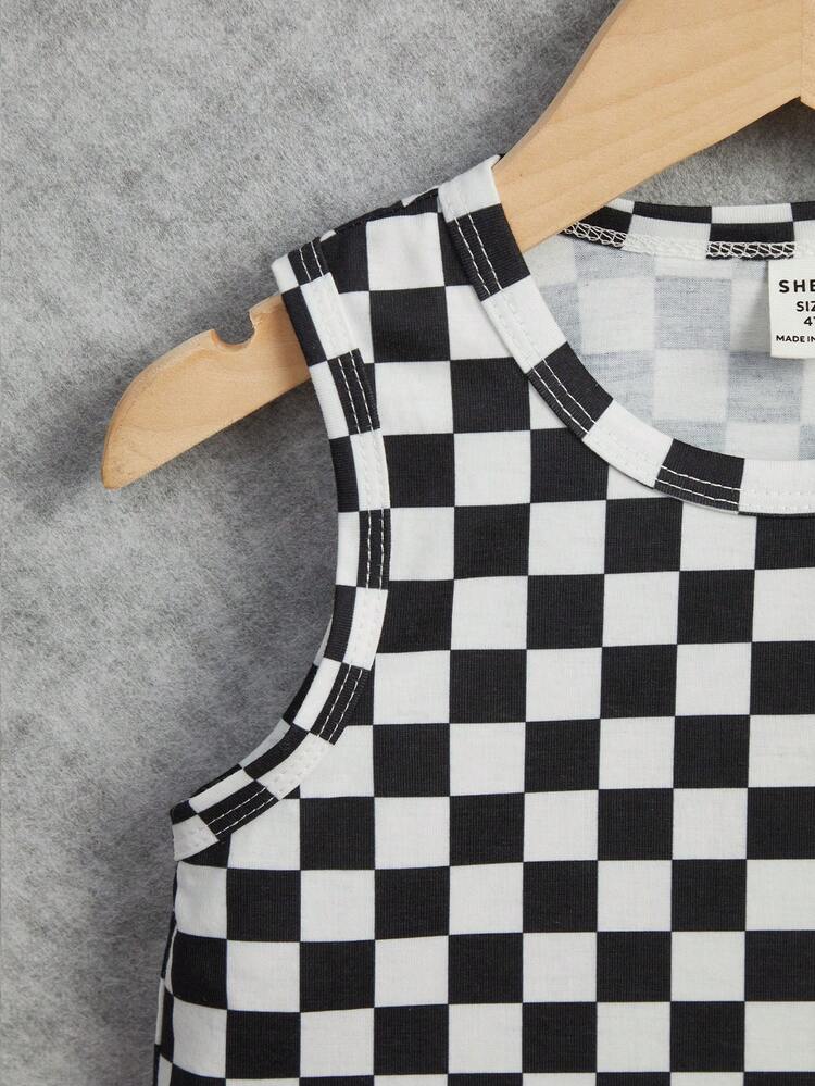 SHEIN Young Boy Casual Street Style Vacation Loose Fit Black & White Plaid & Printed Top For Sports, Summer - Black and White - View 4