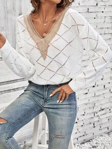 SHEIN LUNE Jersey con encaje en contraste de hombros caídos de punto de malla - Blanco - Ver 3