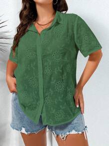SHEIN LUNE Plus Eyelet Embroidery Button Front Shirt - Dark Green - View 3