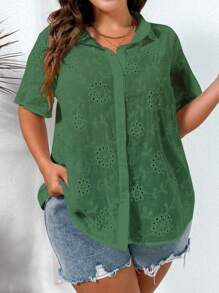 SHEIN LUNE Plus Eyelet Embroidery Button Front Shirt - Dark Green - View 5