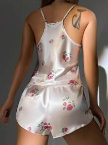 Blumen Muster Spitzen Saum Satin Träger Top & Shorts Schlafanzug Set / Pyjama Set Braut Wäsche, Urlaub